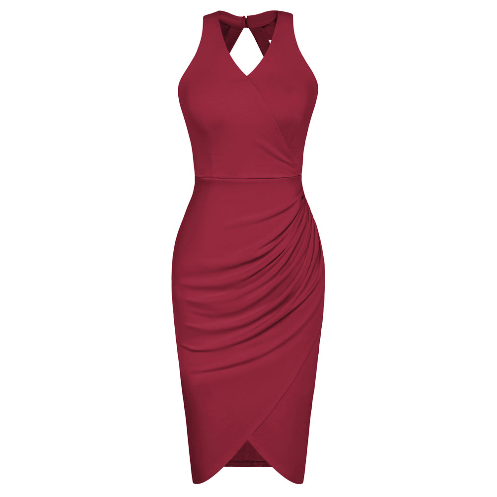 V Neck Wrap Dress Halter Sleeveless Ruched Bodycon Midi Cocktail Party Dresses
