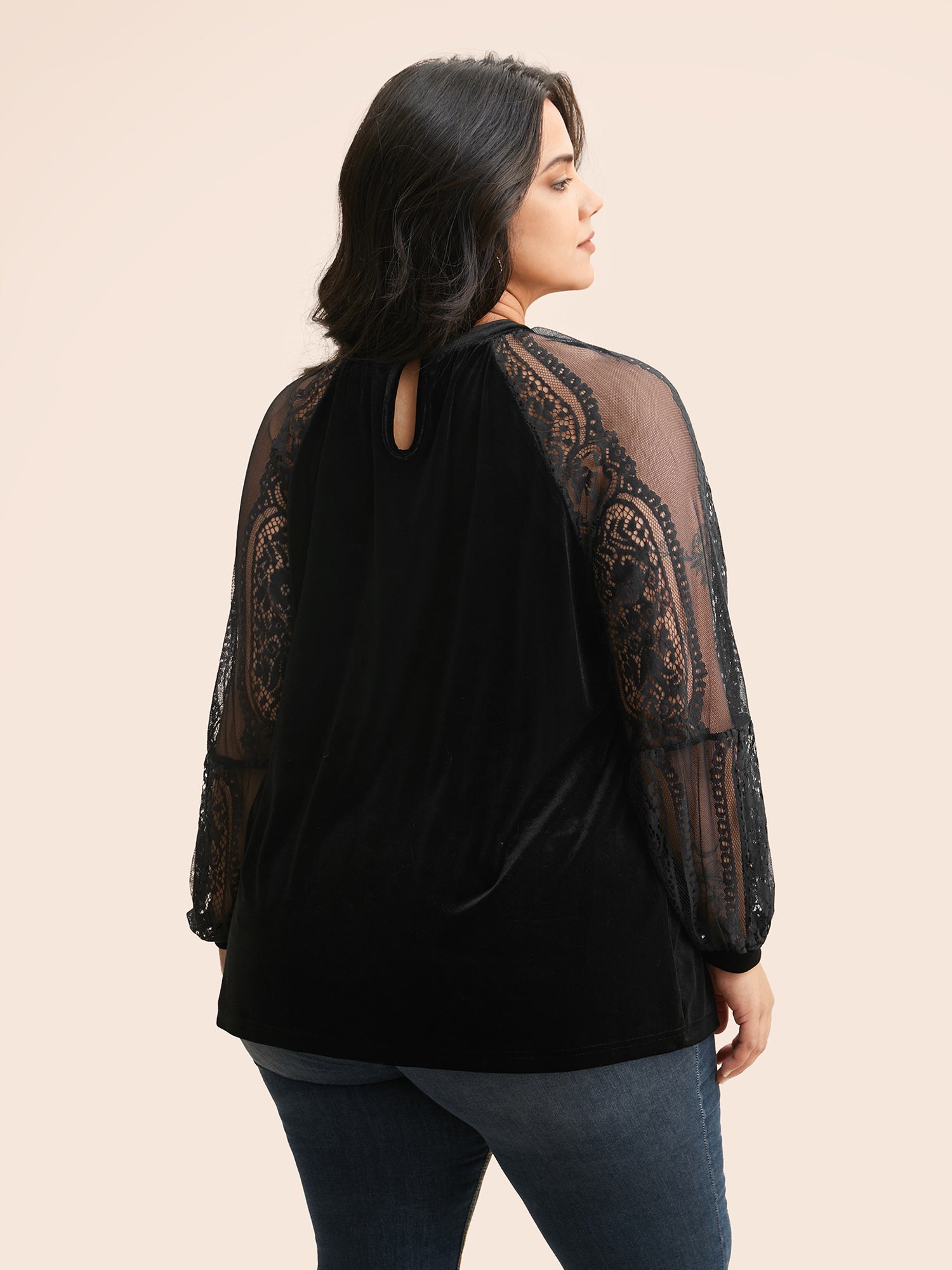 Lace Patchwork Velvet Raglan Sleeve Blouse