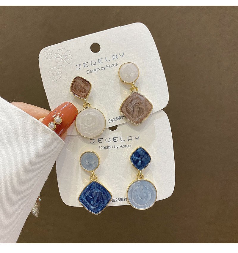 Korean Square Round Drop Earrings - Brown Color