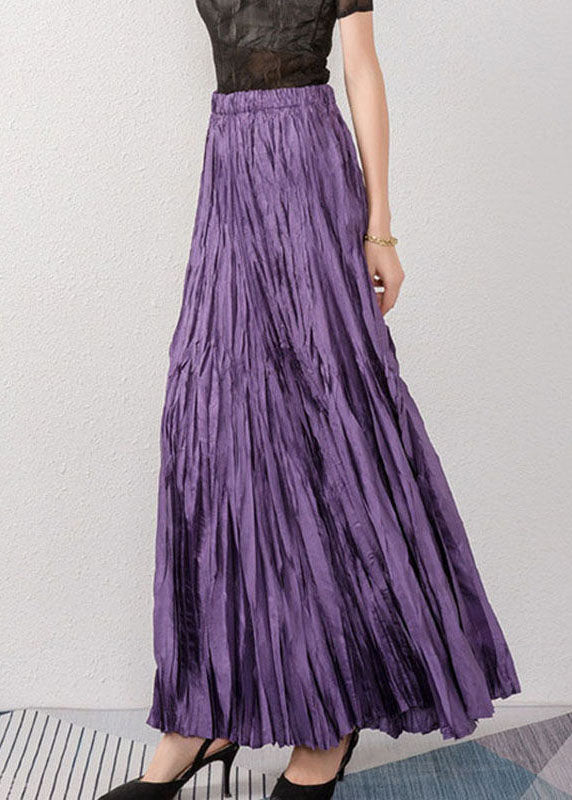 Purple Elastic Waist Wrinkled Exra Large Hem Silk Skirts Summer