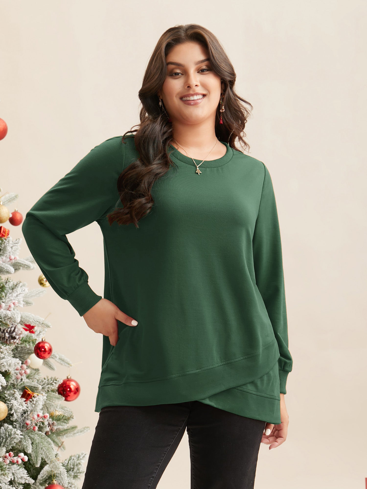 Overlapping Hem Round Neck Sweatshirt