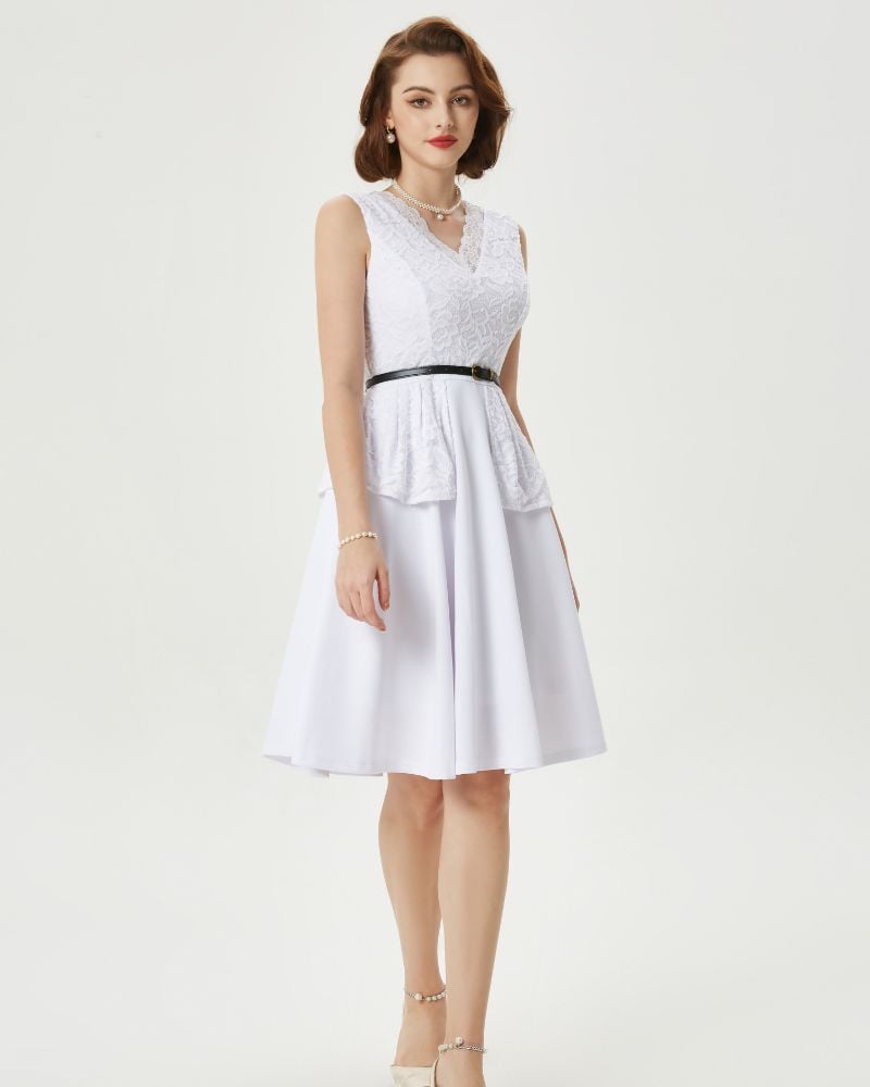 A Line Dresses for Women Lace Patchwork Sleeveless Flared Vintage Dress with Belt