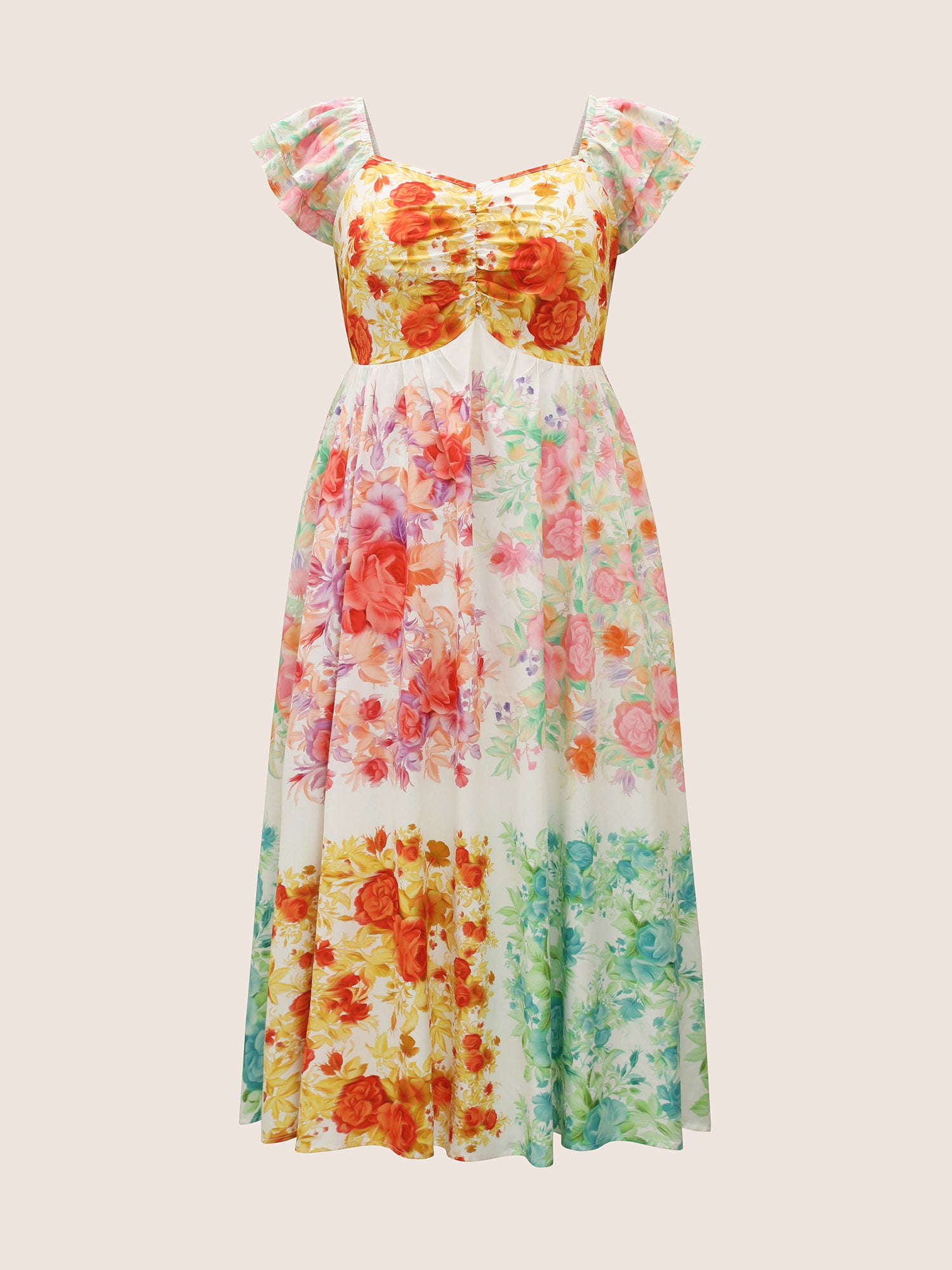 Patchwork Floral Tiered Ruffle Sleeve Dress
