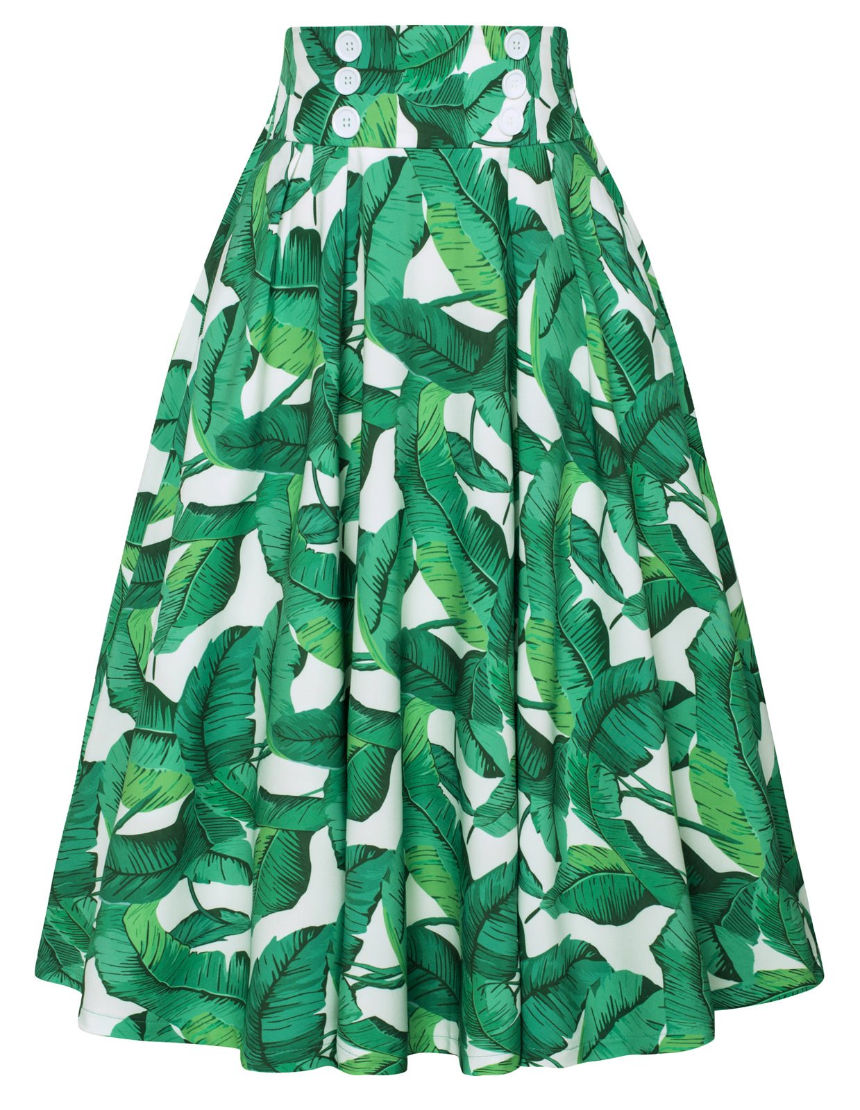 Cherry Patterns Pleated Buttons Decorated Elastic Waist High Waist Swing A-Line Skirt with Pockets