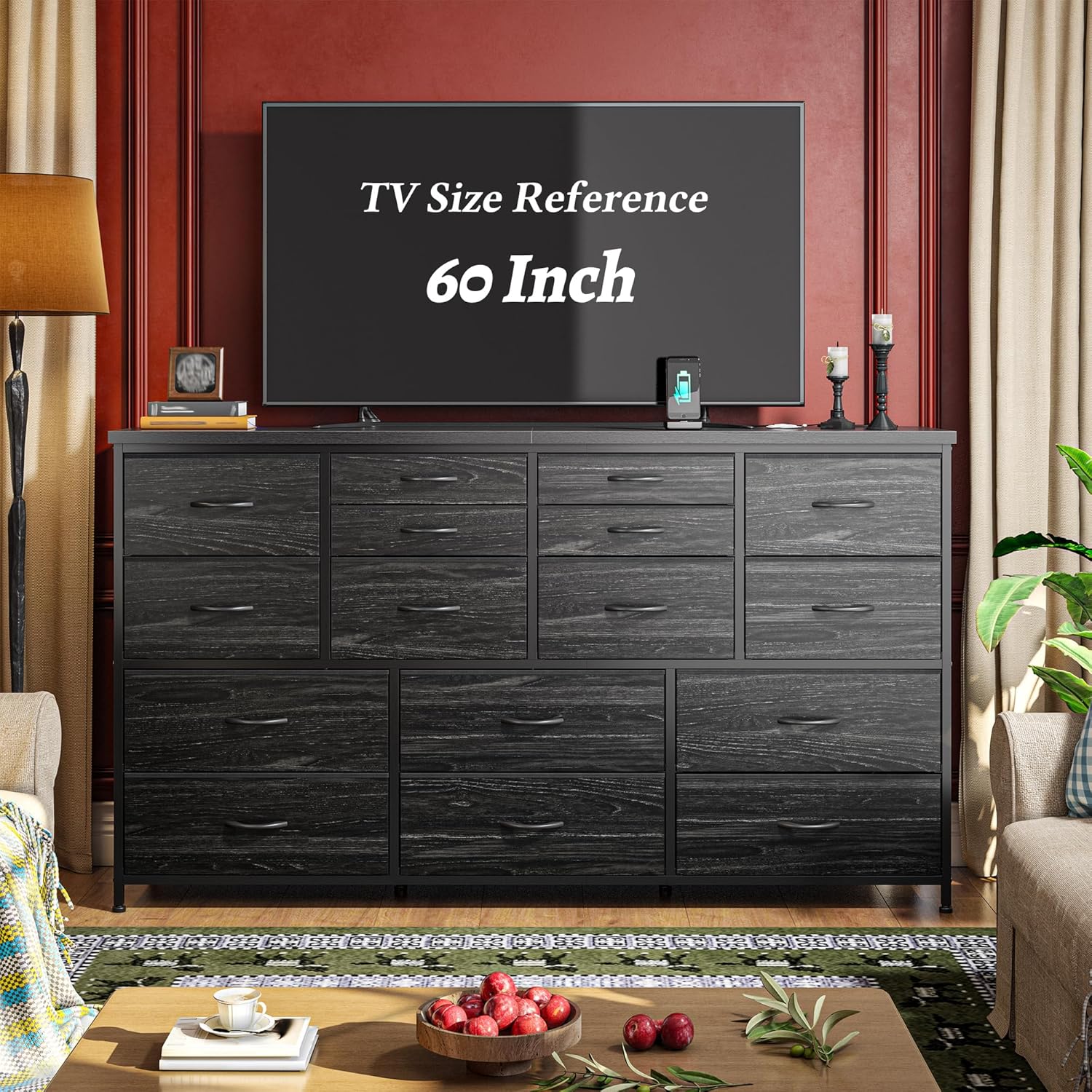 Dresser for Bedroom with 16 Fabric Drawers Long Dresser with Charging Station TV Stand for 60
