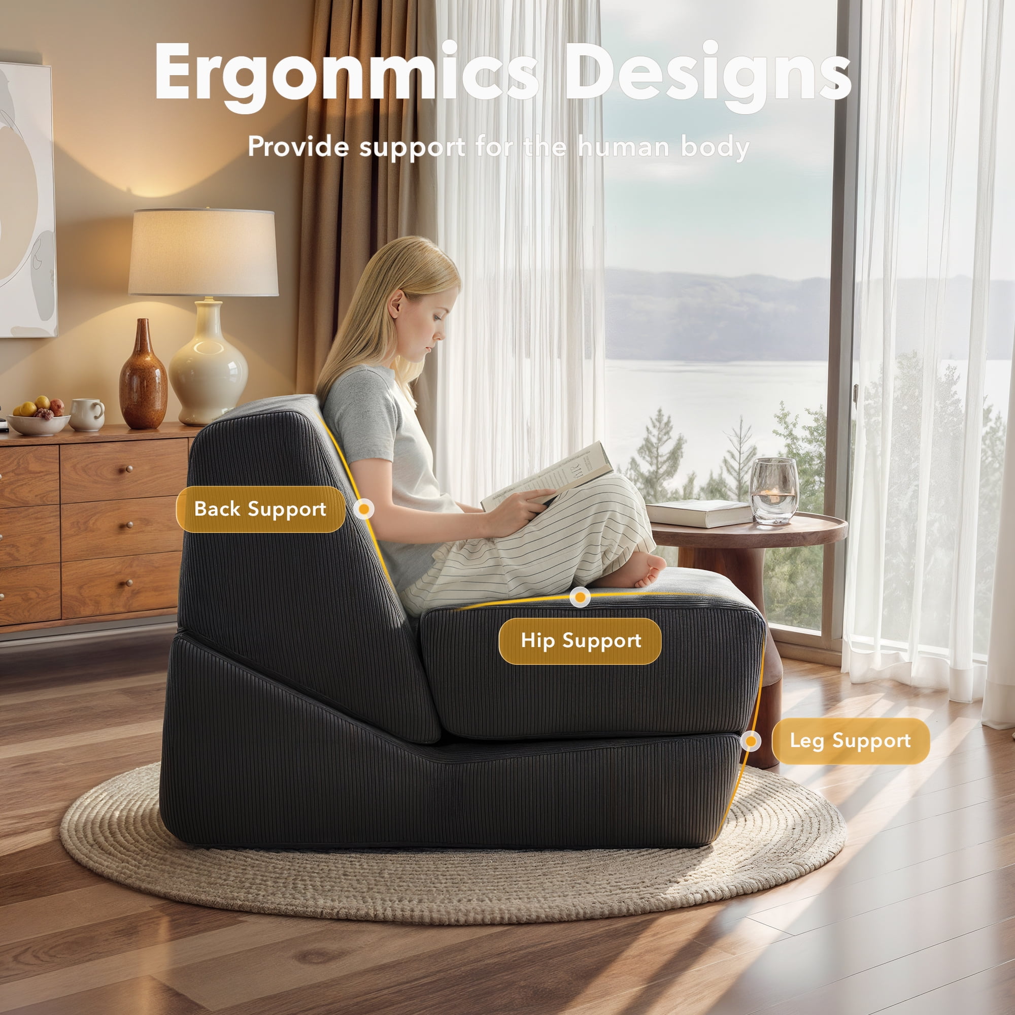 Folding Sofa Bed, 3 in 1 Convertible Sleeper Chair, Floor Couch with Back Support, Single Chair Bed for Living Room