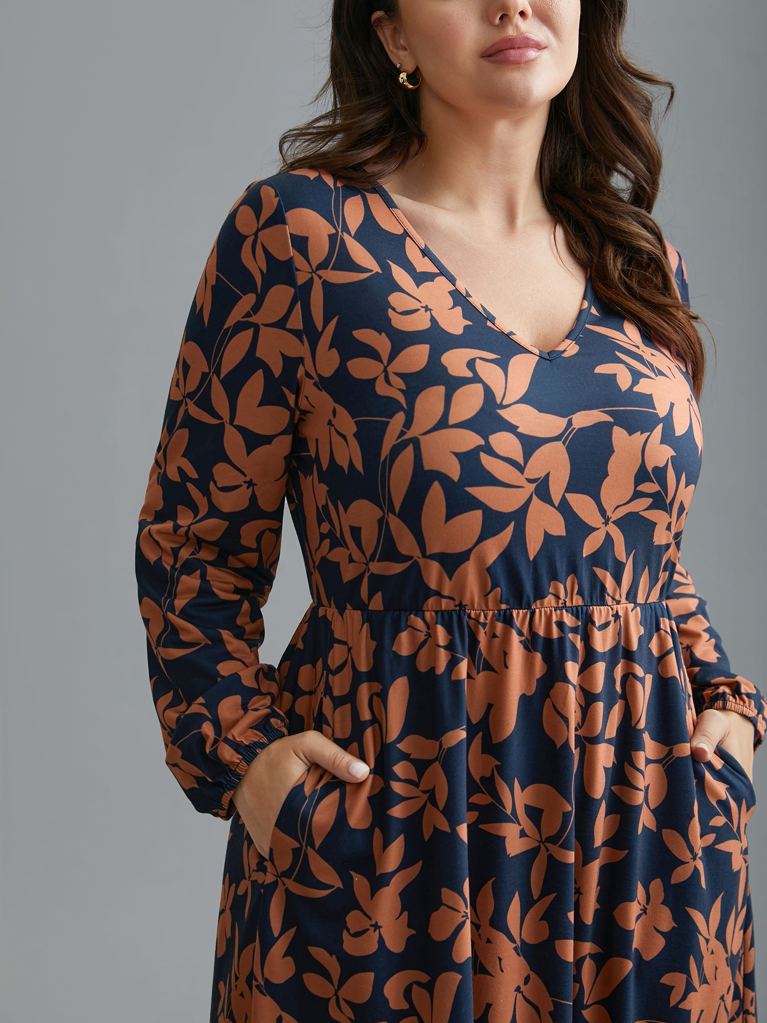 Autumn Leaves Print Fit-and-Flare Midi Dress