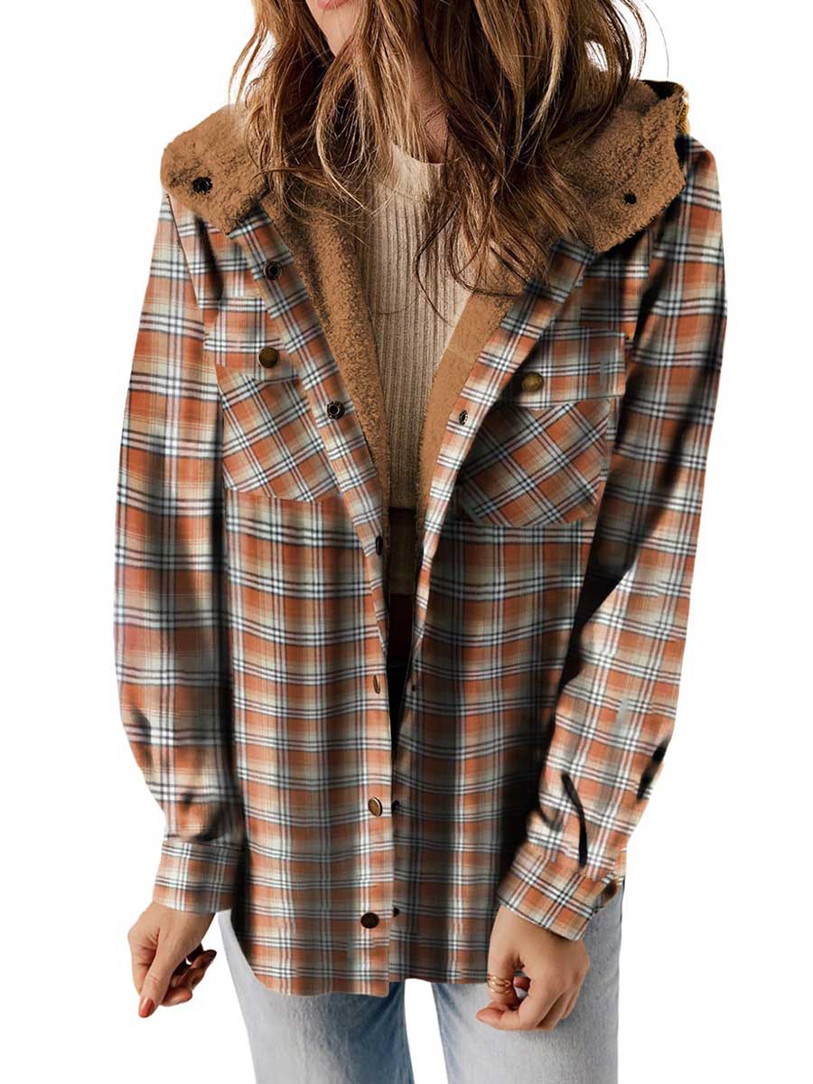 Plaid Long Sleeve Shirt Hooded Thickened Jacket