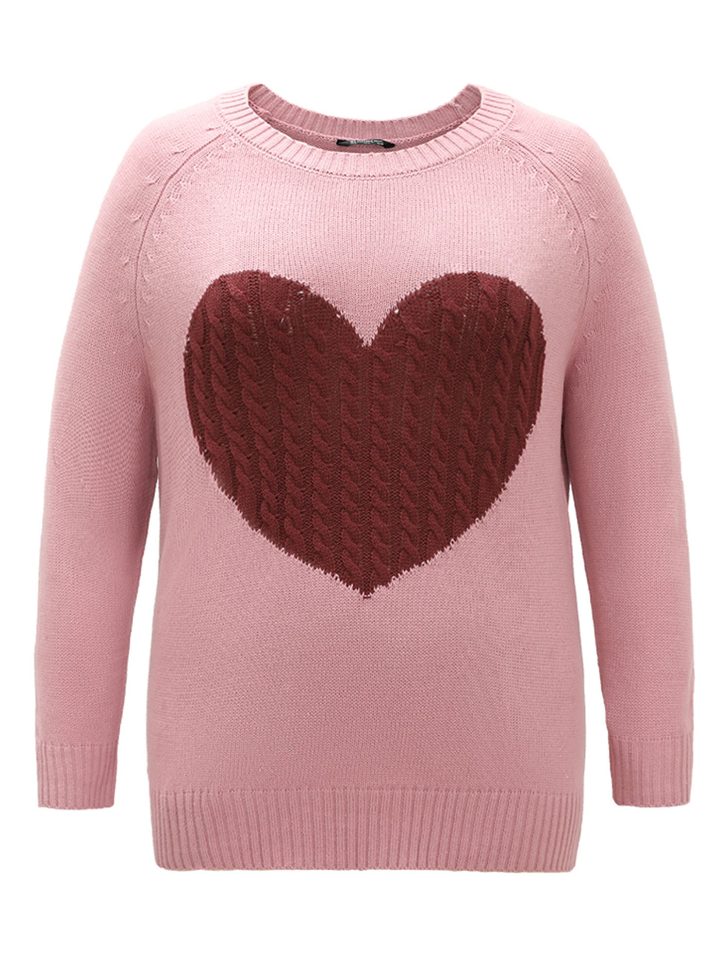 Heart Cable Knit Two Tone Raglan Sleeve Pullover