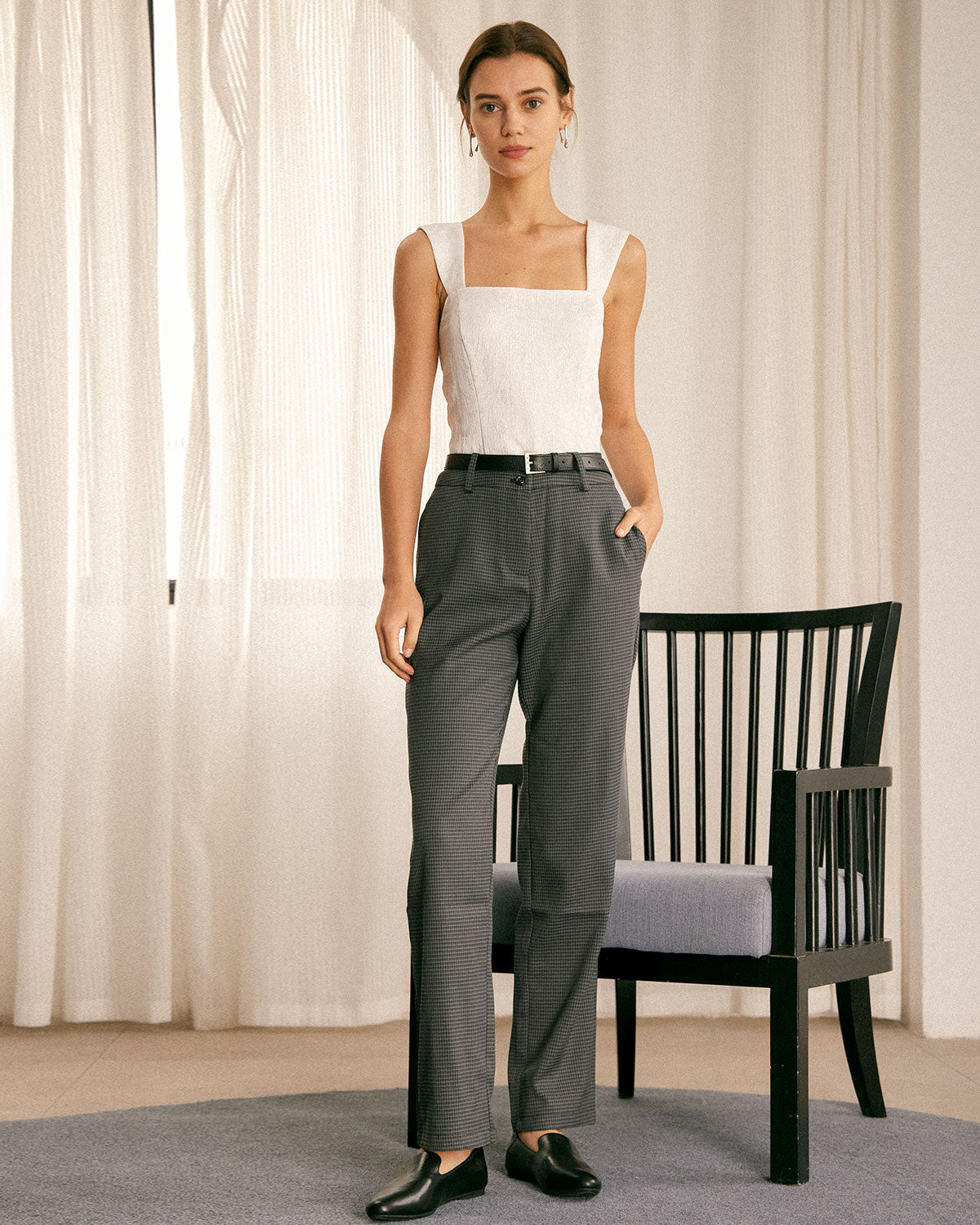 The White Square Neck Jacquard Tank Top