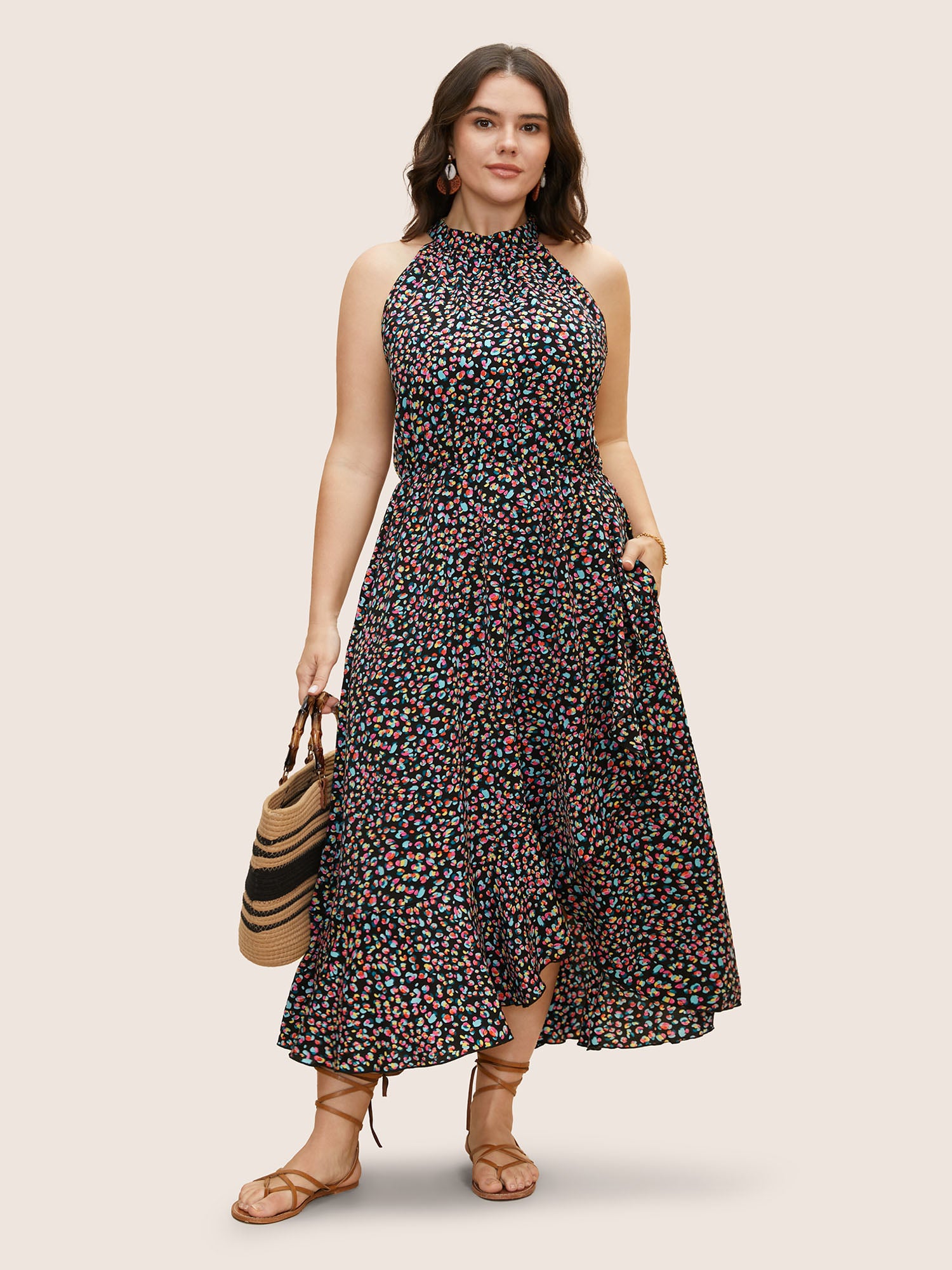 Allover Print Halter Neck Wrap Hem Dress