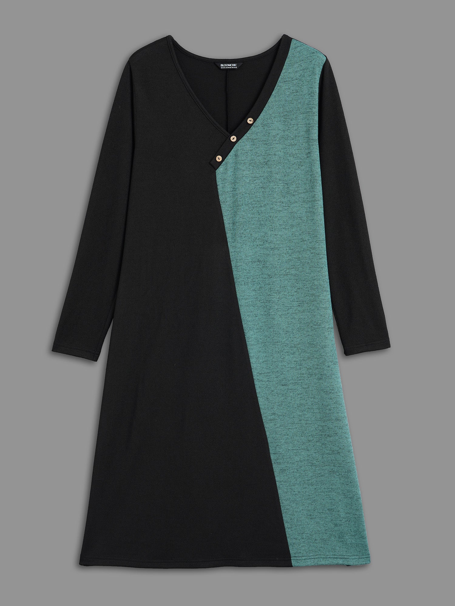 V Neck Contrast Patchwork Button Detail Dress