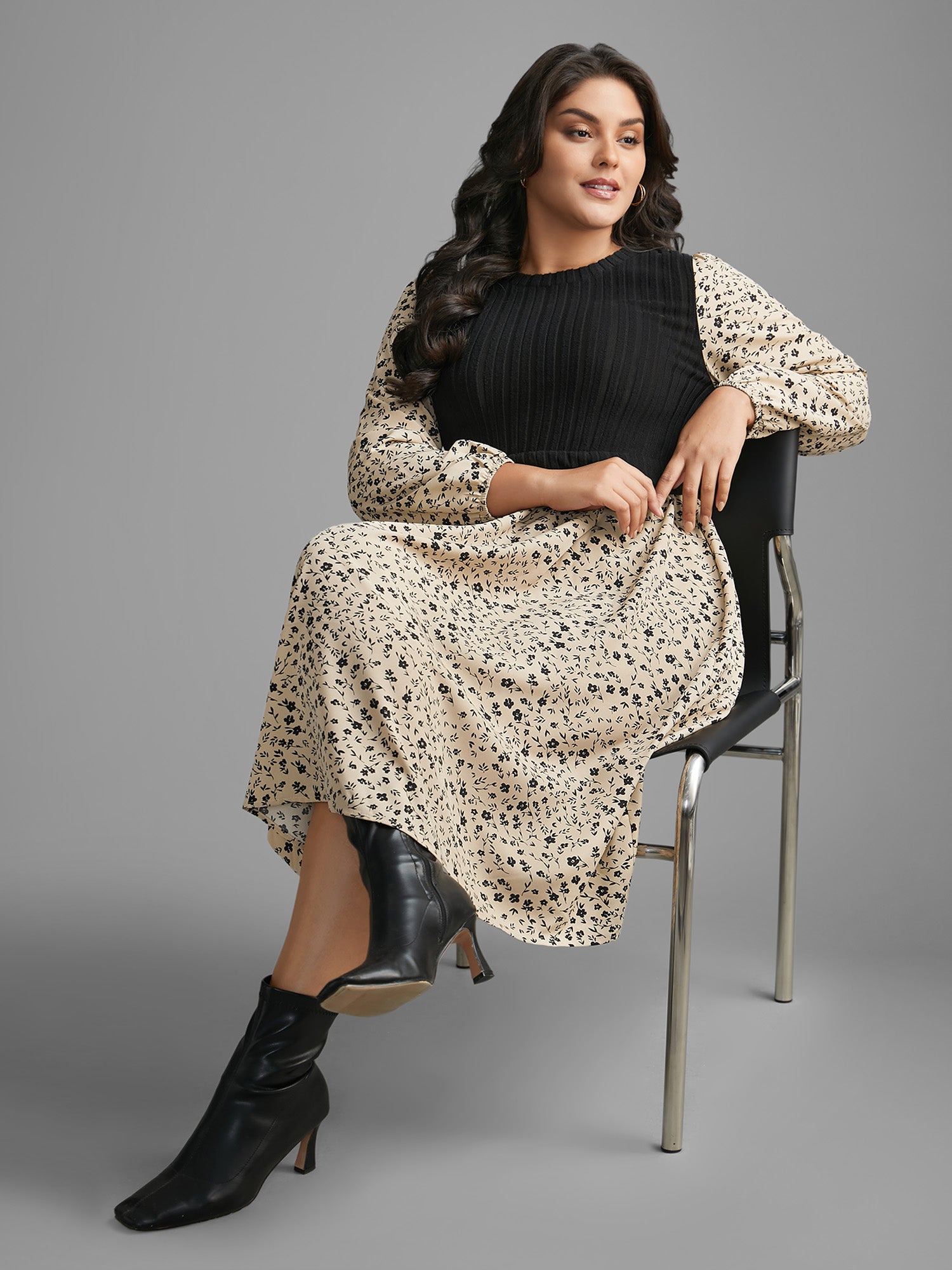 Ditsy Floral Texture Patchwork Midi Dress