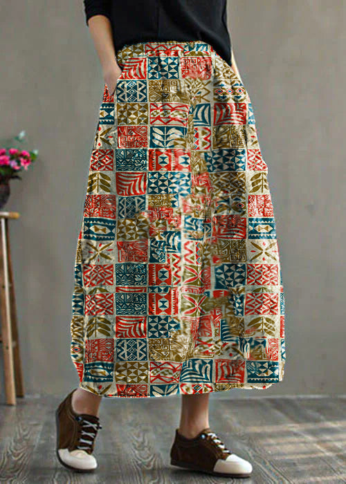 Women Red Elastic Waist Patchwork Print Fine Cotton Filled Skirt Winter