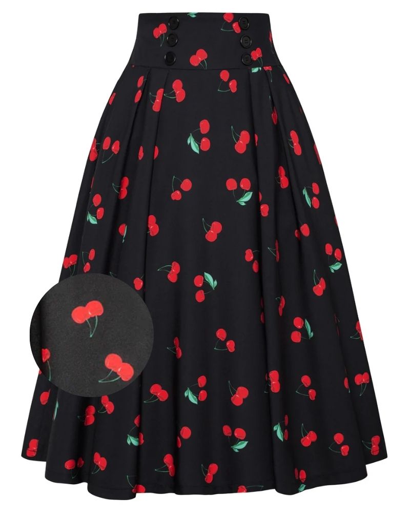 Cherry Patterns Pleated Buttons Decorated Elastic Waist High Waist Swing A-Line Skirt with Pockets