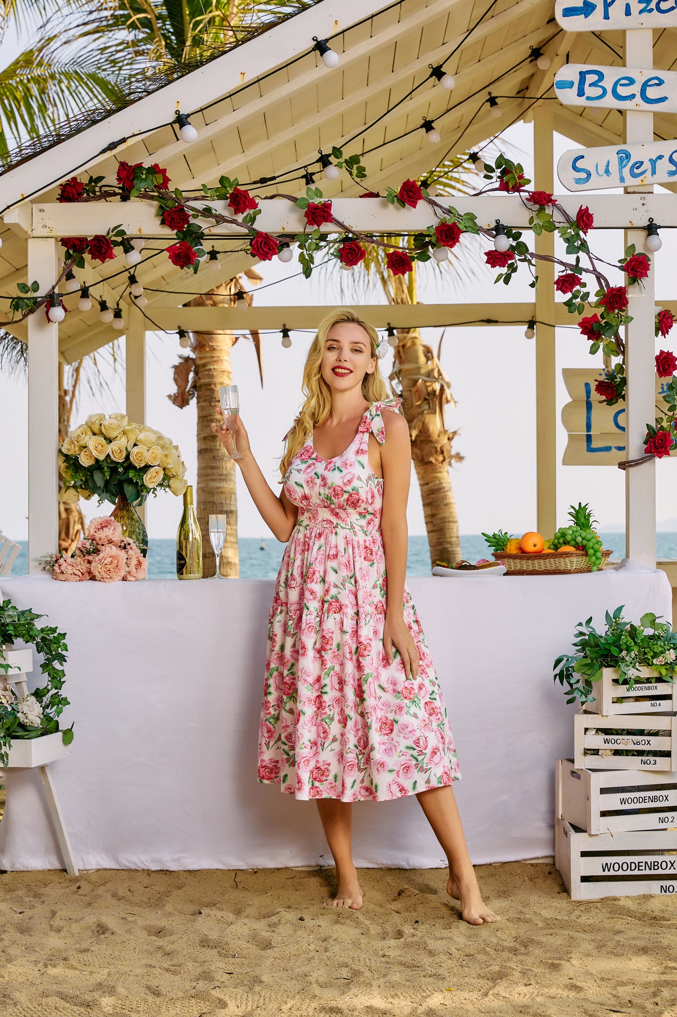 Floral Printed Tiered Midi Dress Sleeveless V-Neck Defined Waist A-Line Dress