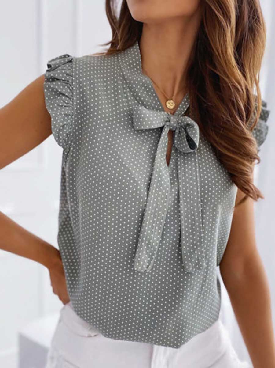 Polka Dot Bow Neck Sleeveless Blouse Top
