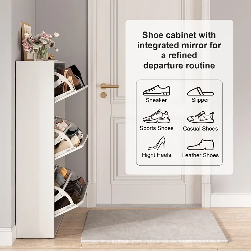 Adjustable Shelf Mirror] 3 Flip-up Drawer Adjustable Shelf Mirror Shoe Cabinet