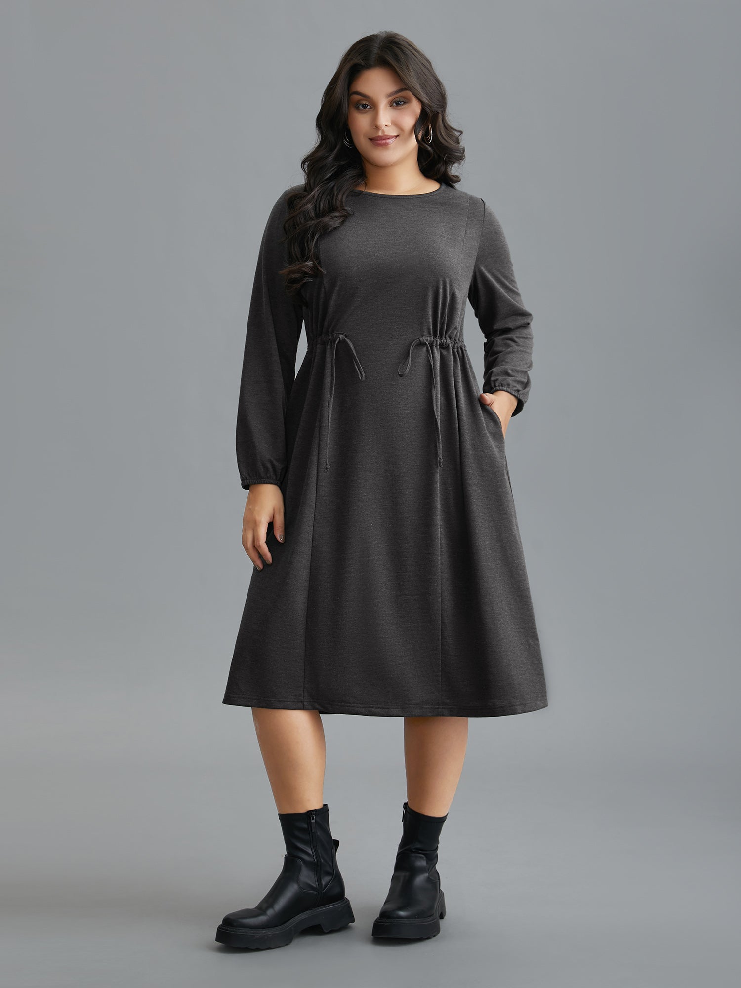 Elastic Waist Tie Round Neck Knit Midi Dress