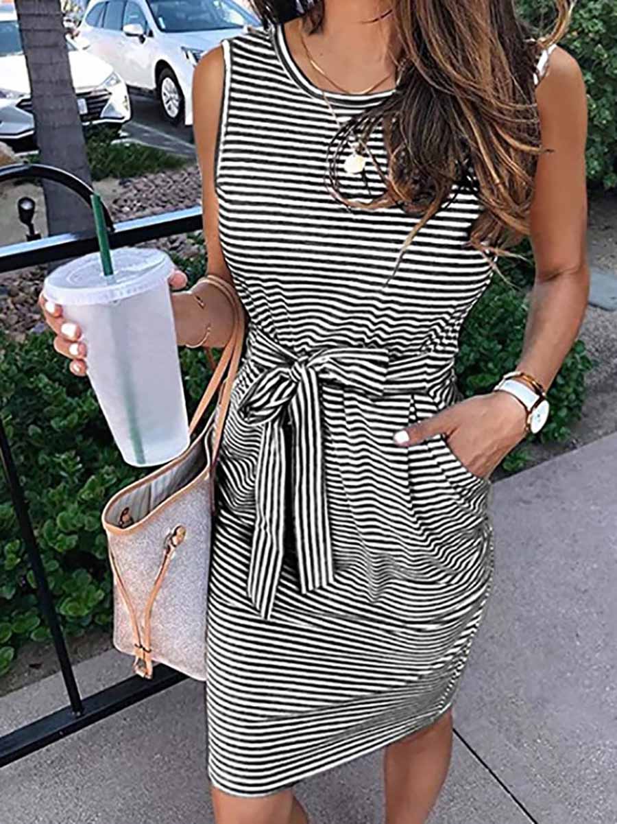 Sleeveless striped lace-up dress (7 colors)