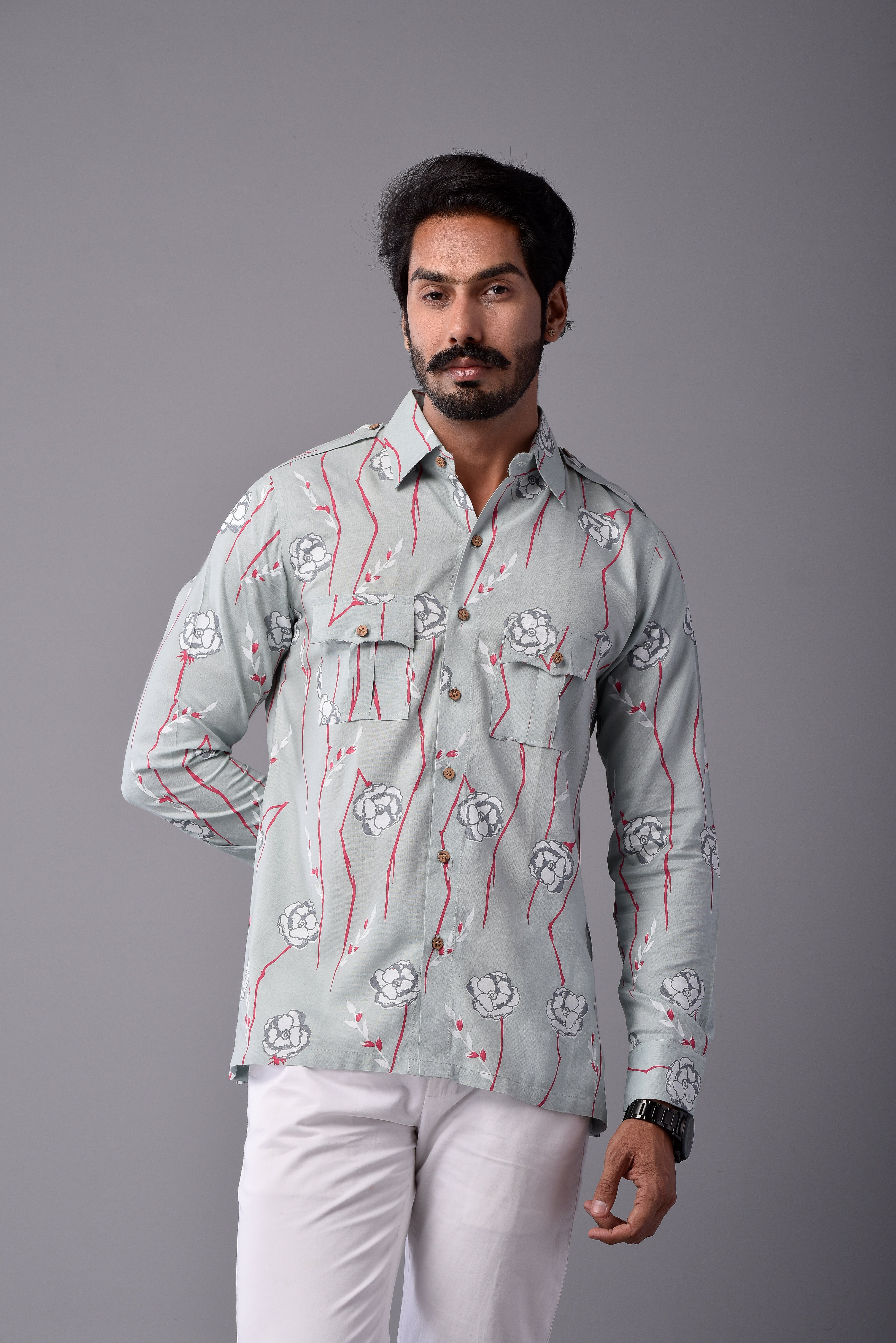 Sanganeri Light Green Hunting Styled Floral Printed Shirt
