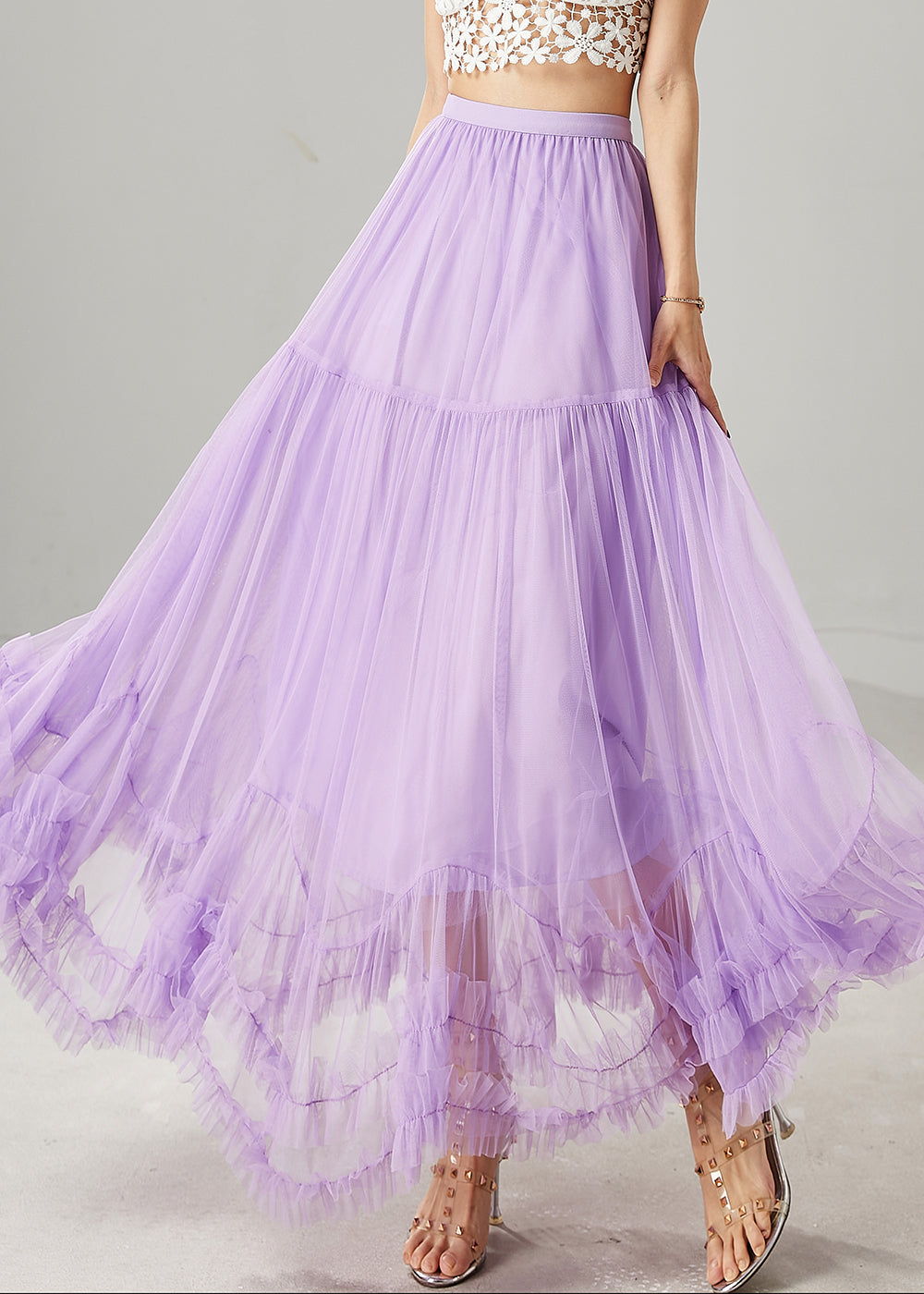 Women Purple Ruffled Tulle A Line Skirt Summer