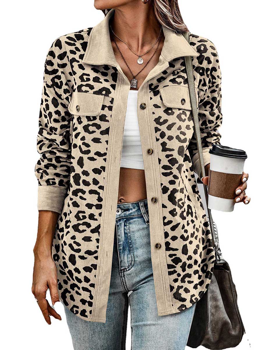 Corduroy Leopard Pocket Button Long Sleeve Women's Jacket