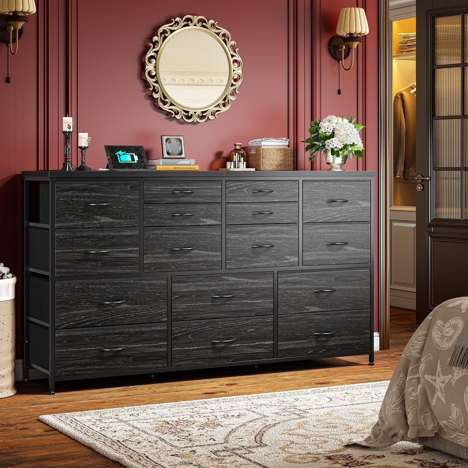 Dresser for Bedroom with 16 Fabric Drawers Long Dresser with Charging Station TV Stand for 60