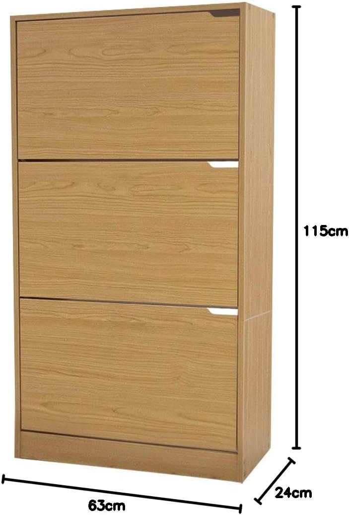 Wood Shoe Cabinet with 3 Doors, Shoe Cabinets, Retractable Handles, Double Depth, 63 x 24 x 115 cm