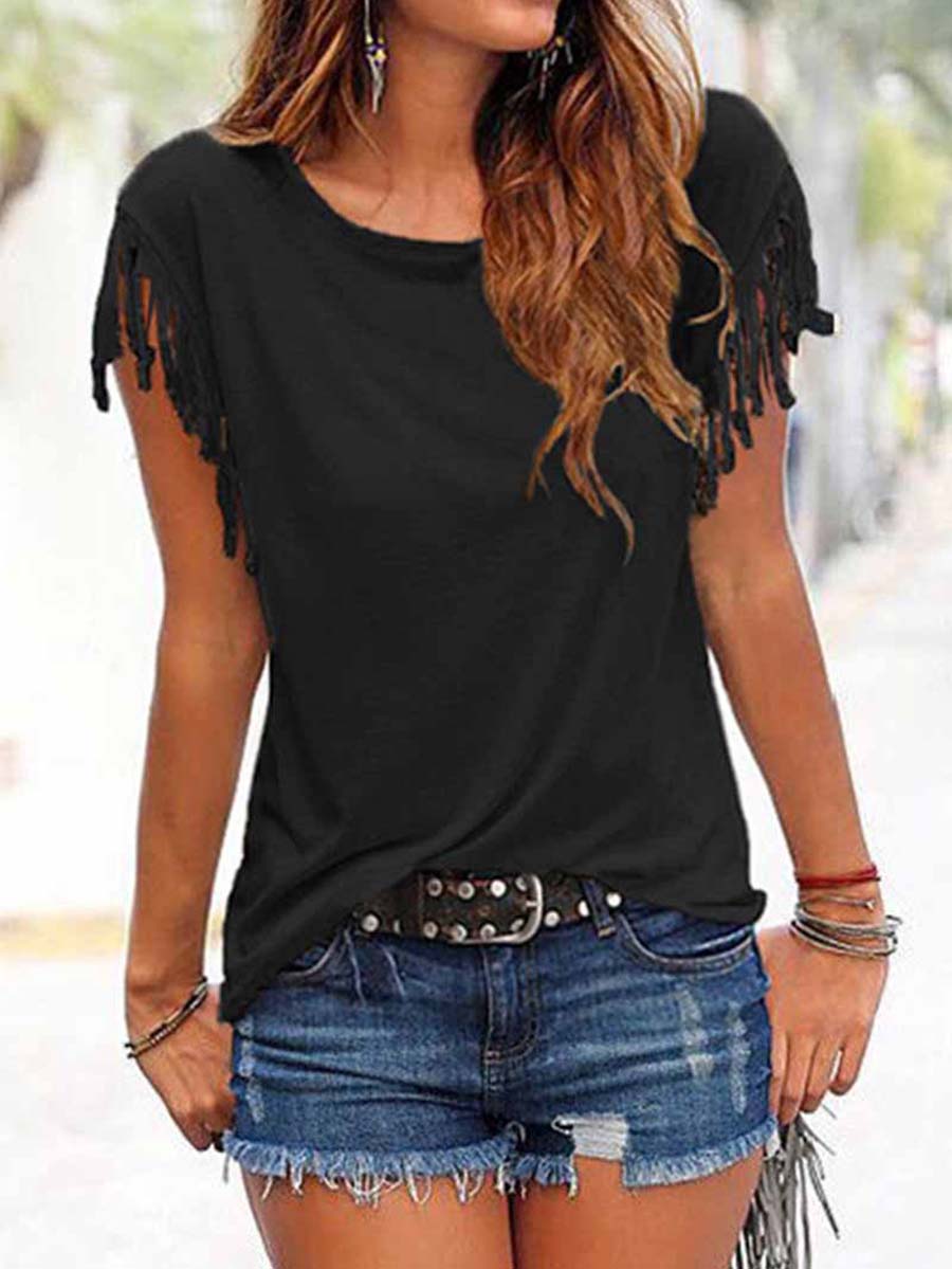 short-sleeve Loose Tassel T-shirt(3 Colors)