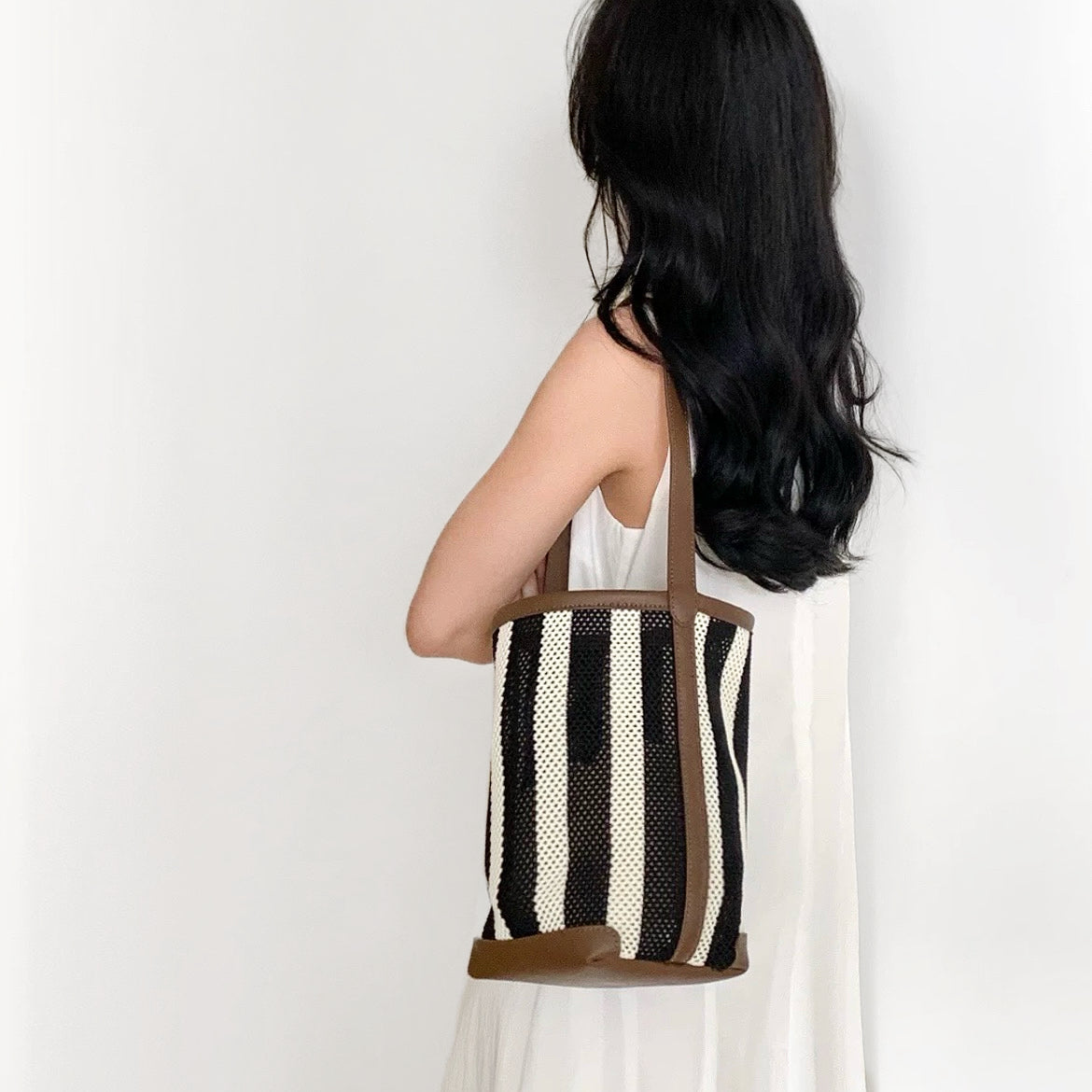 Stripe Woven Bucket Bag