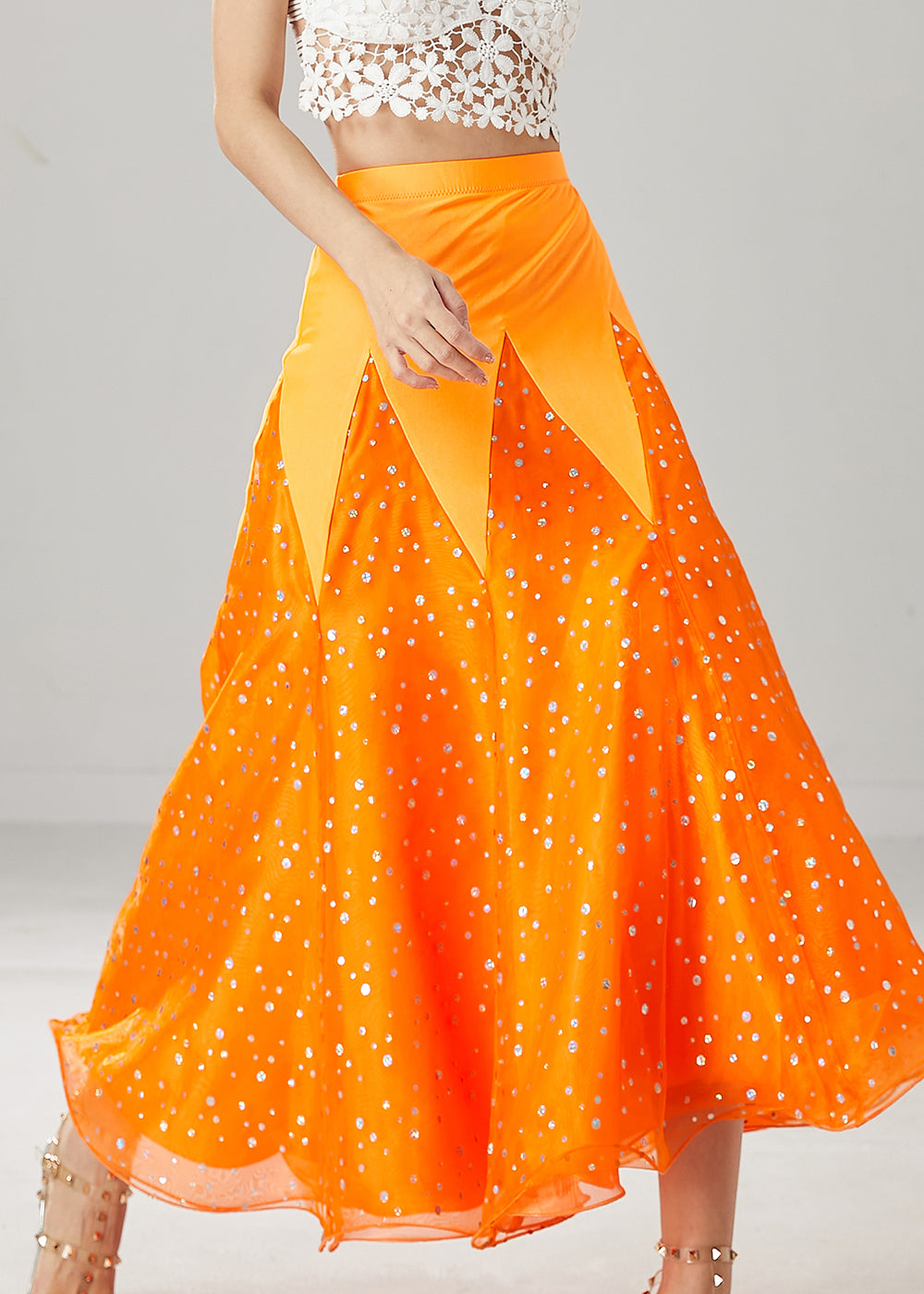Orange Silm Fit Patchwork Zircon Tulle Skirts Spring