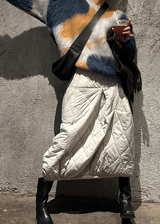 Grey White Asymmetrical Pockets Fine Cotton Filled Skirts Winter