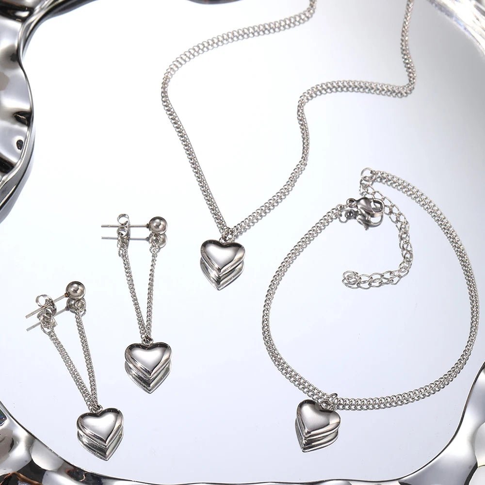 Dainty Heart Chain Necklace. Bracelet. and Earring Set