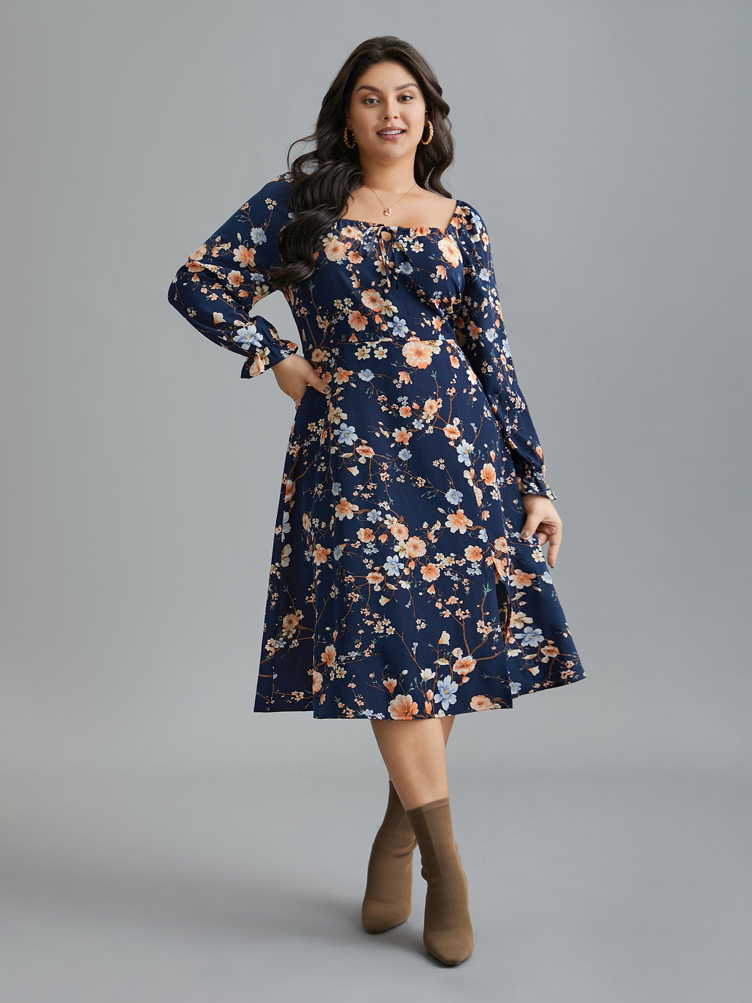 Floral Knot Neck Split Hem Dress
