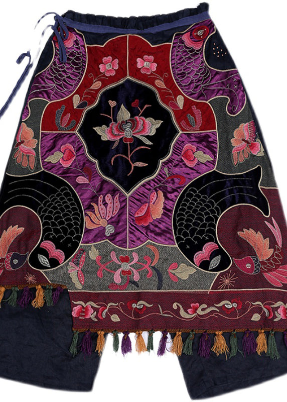 Elegant Embroidered Floral Tassel Drawstring Tie Waist Elastic Waist Skirt Summer