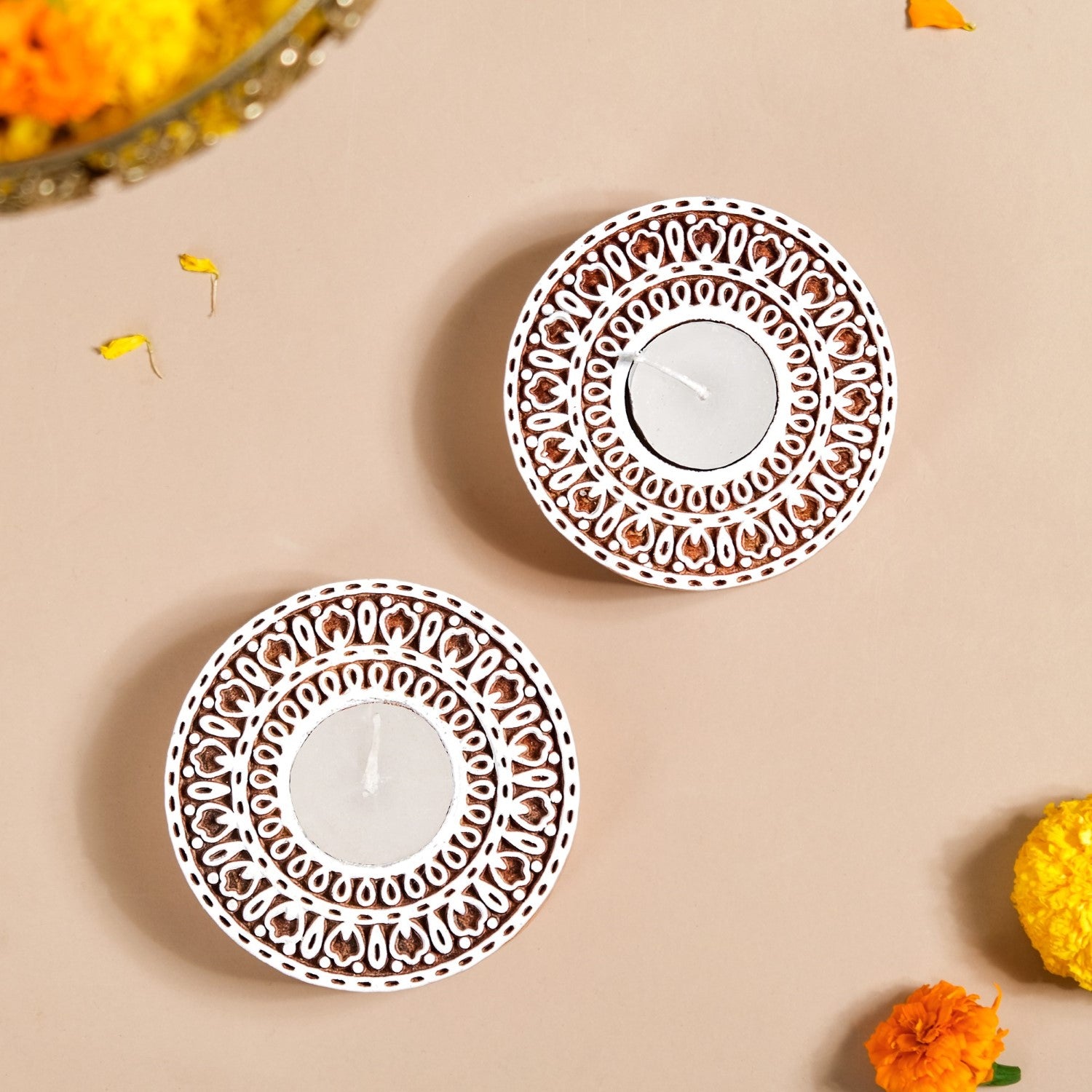 Set Of 2 Mandala Wooden Block Candle Tea Light Holders