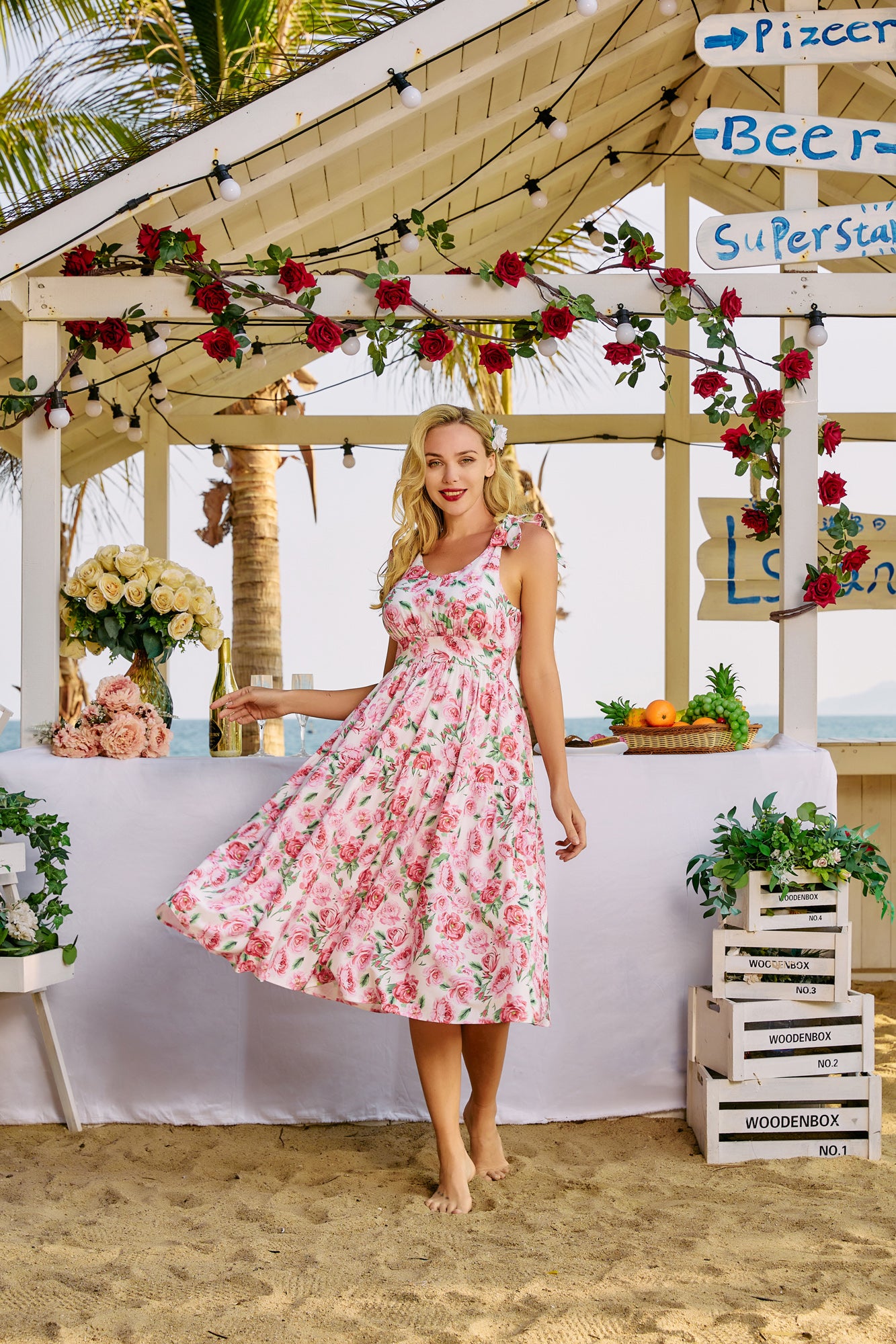 Floral Printed Tiered Midi Dress Sleeveless V-Neck Defined Waist A-Line Dress