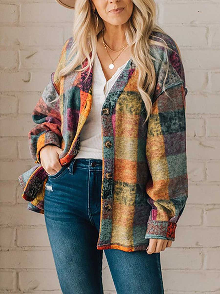 Loose-fitting Plaid Shirt Fleece Jacket
