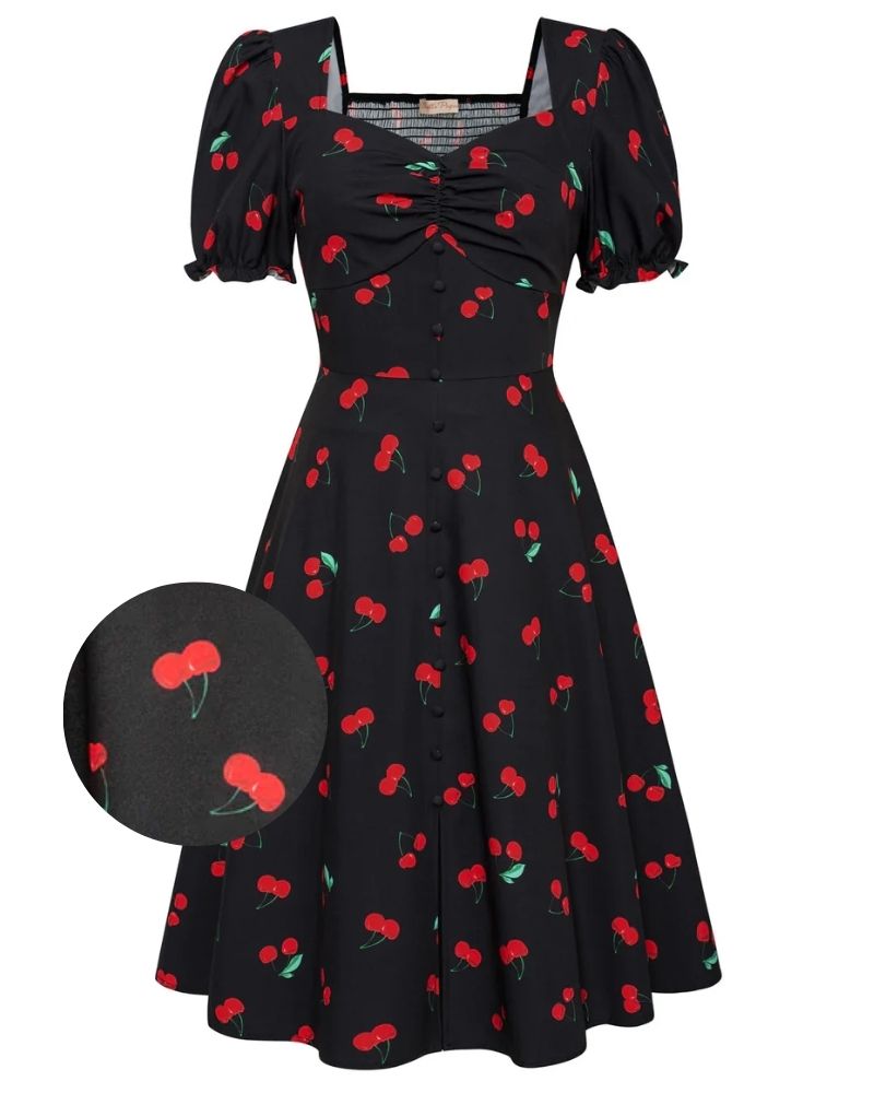 Vintage Cherry Patterns Front Slit Dress Puffed Short Sleeve Sweetheart Neck Dress