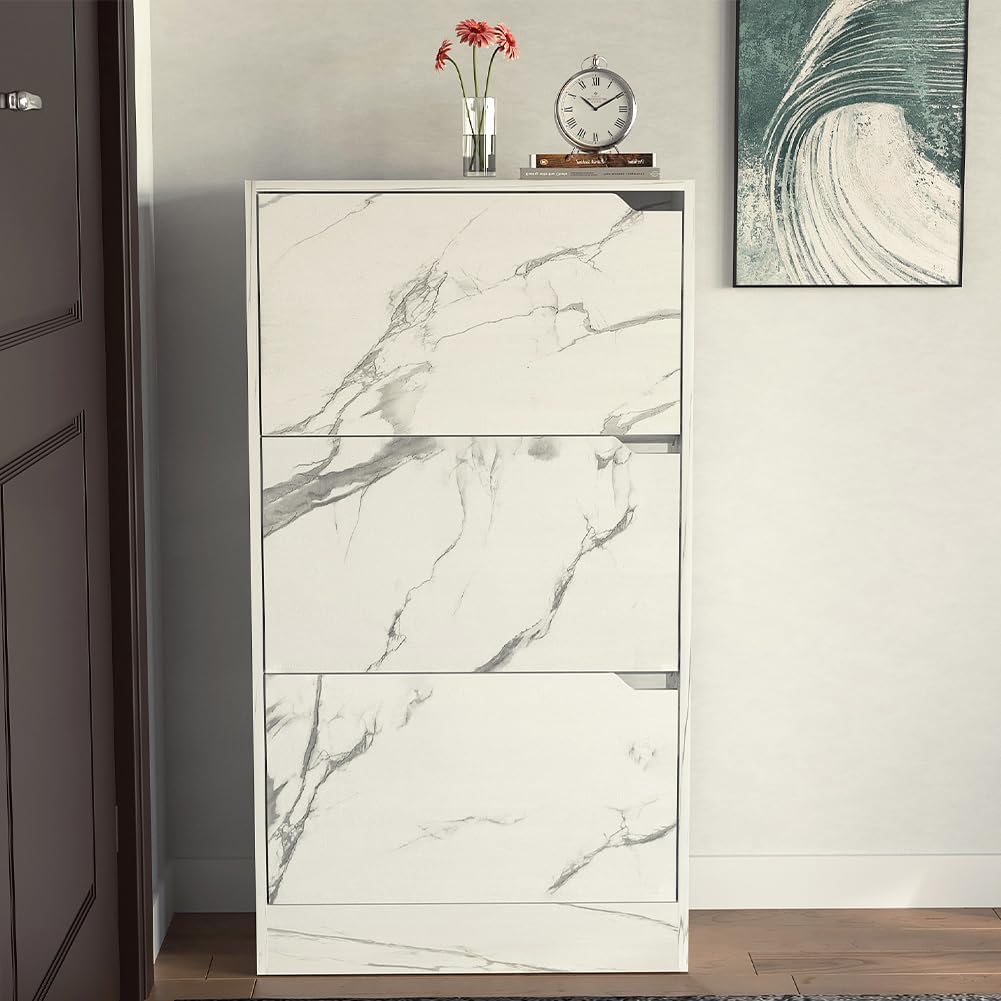 Wood Shoe Cabinet with 3 Doors, Shoe Cabinets, Retractable Handles, Double Depth, 63 x 24 x 115 cm