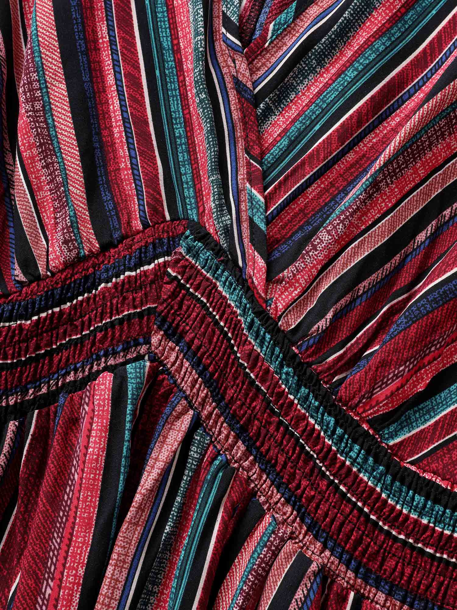 Striped Contrast Dolman Sleeve Shirred Pocket Split Flutter Dress