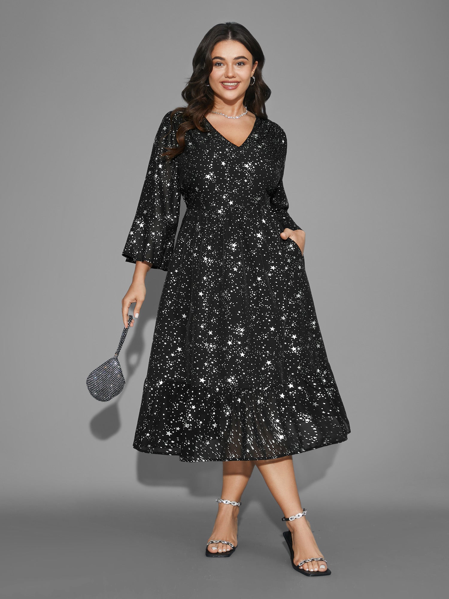 Glitter Star Flutter Sleeve Chiffon Dress