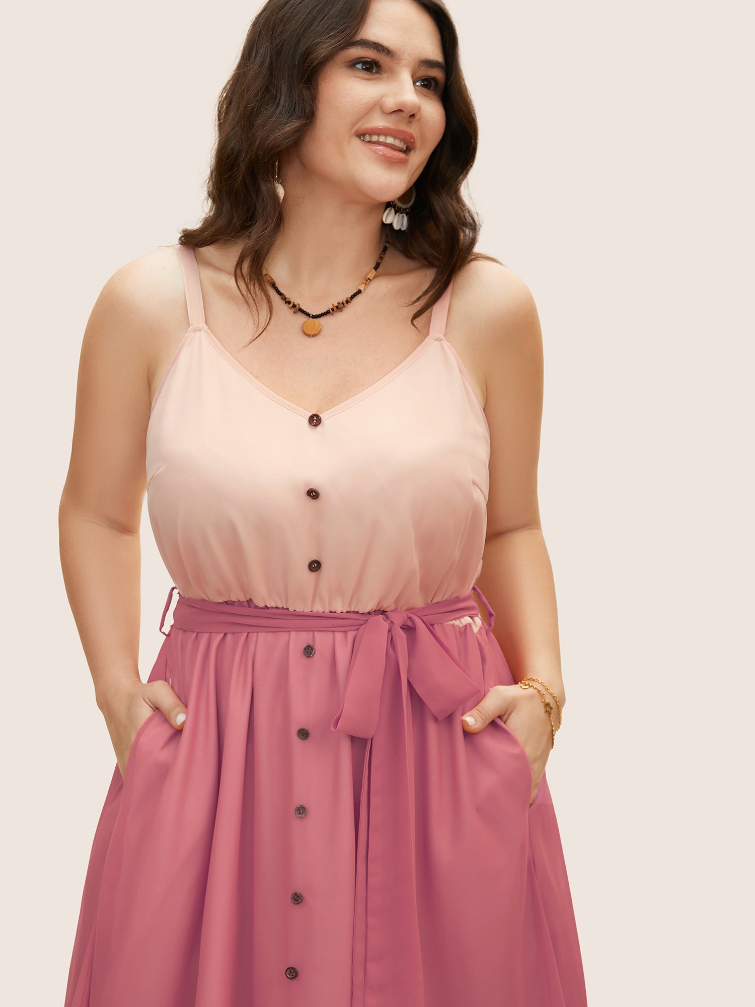 Colorblock Contrast Button Detail Slit Front Dress