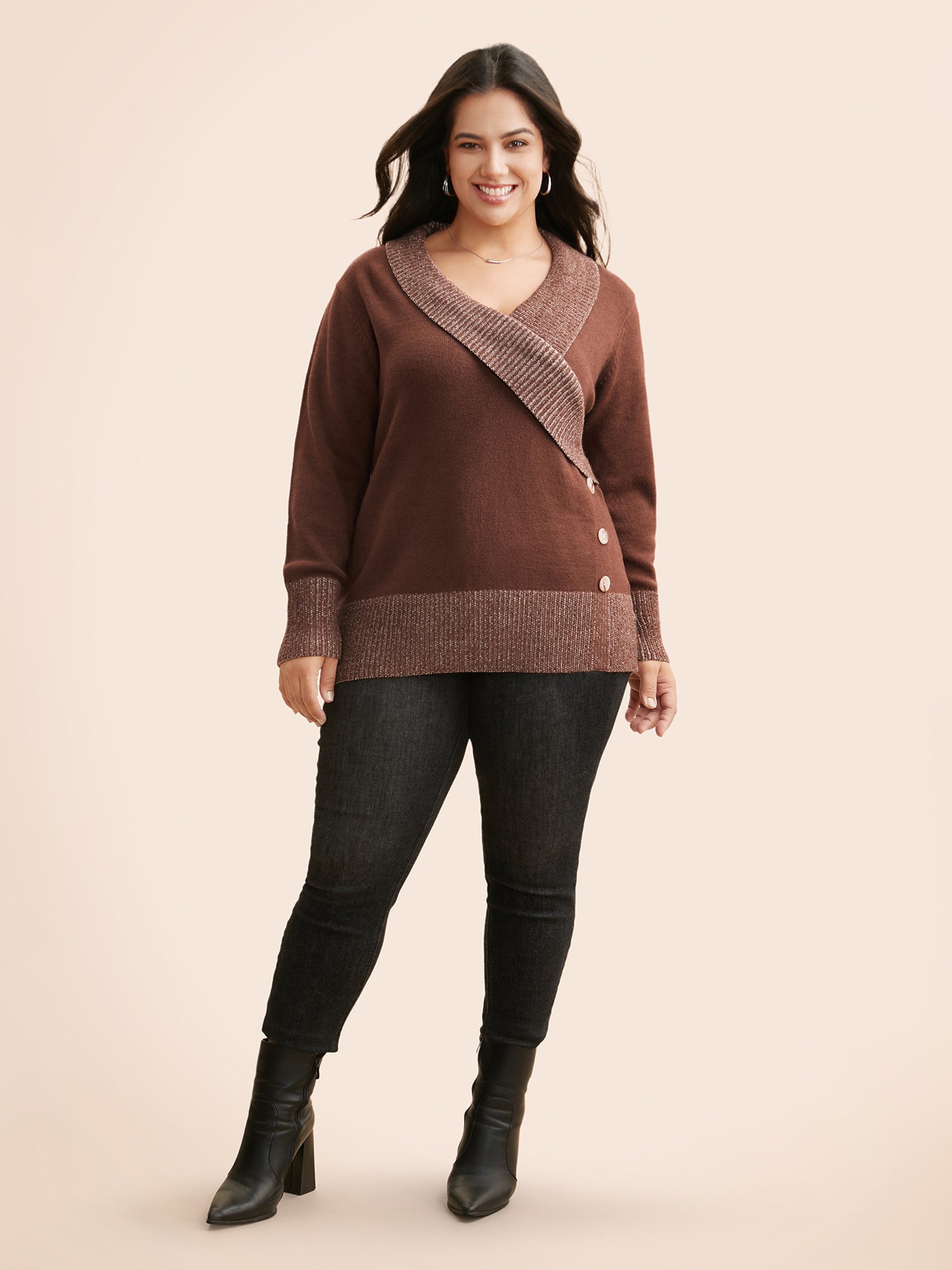 Overlap Collar Contrast Button Detail Pullover