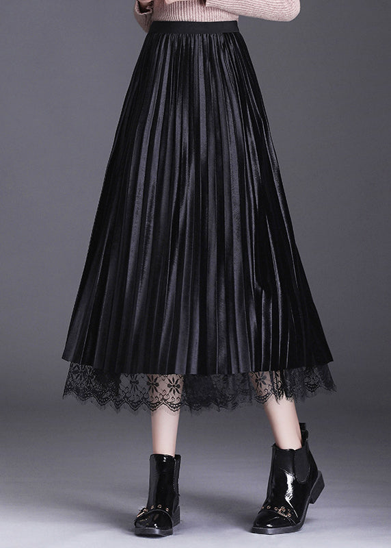 Black Lace Patchwork Pleated Wear on both sides Fall Skirt
