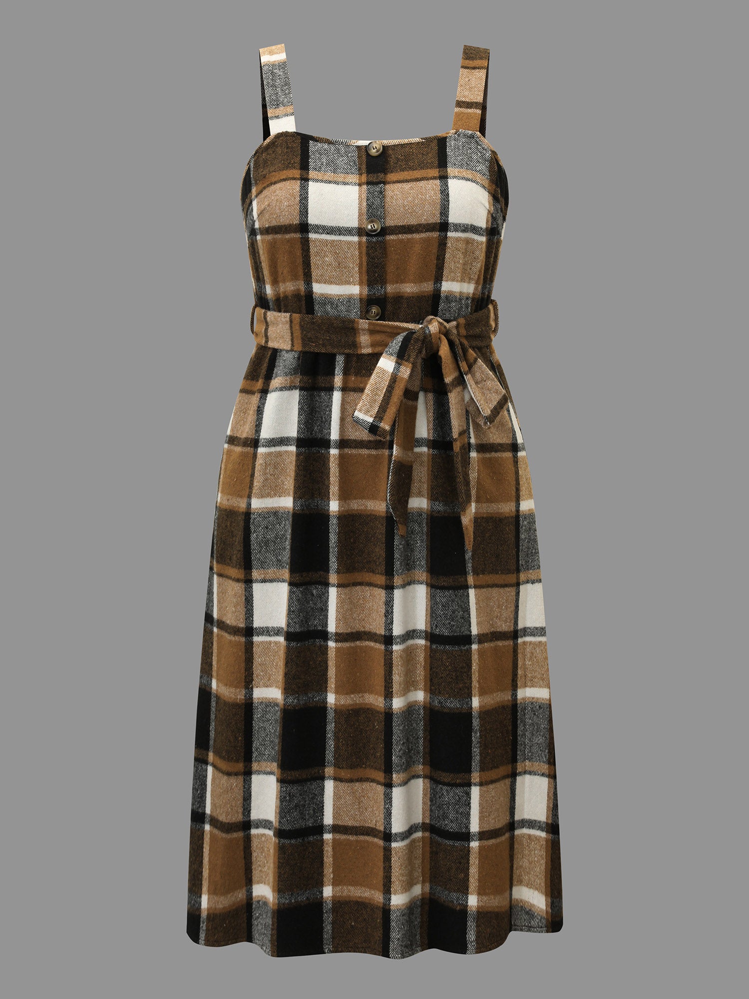Square Neck Plaid Button Detail Belted Dress