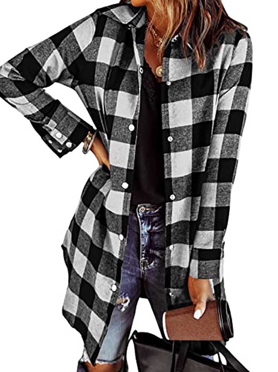 Lapel Buttoned Plaid Shirt Jacket