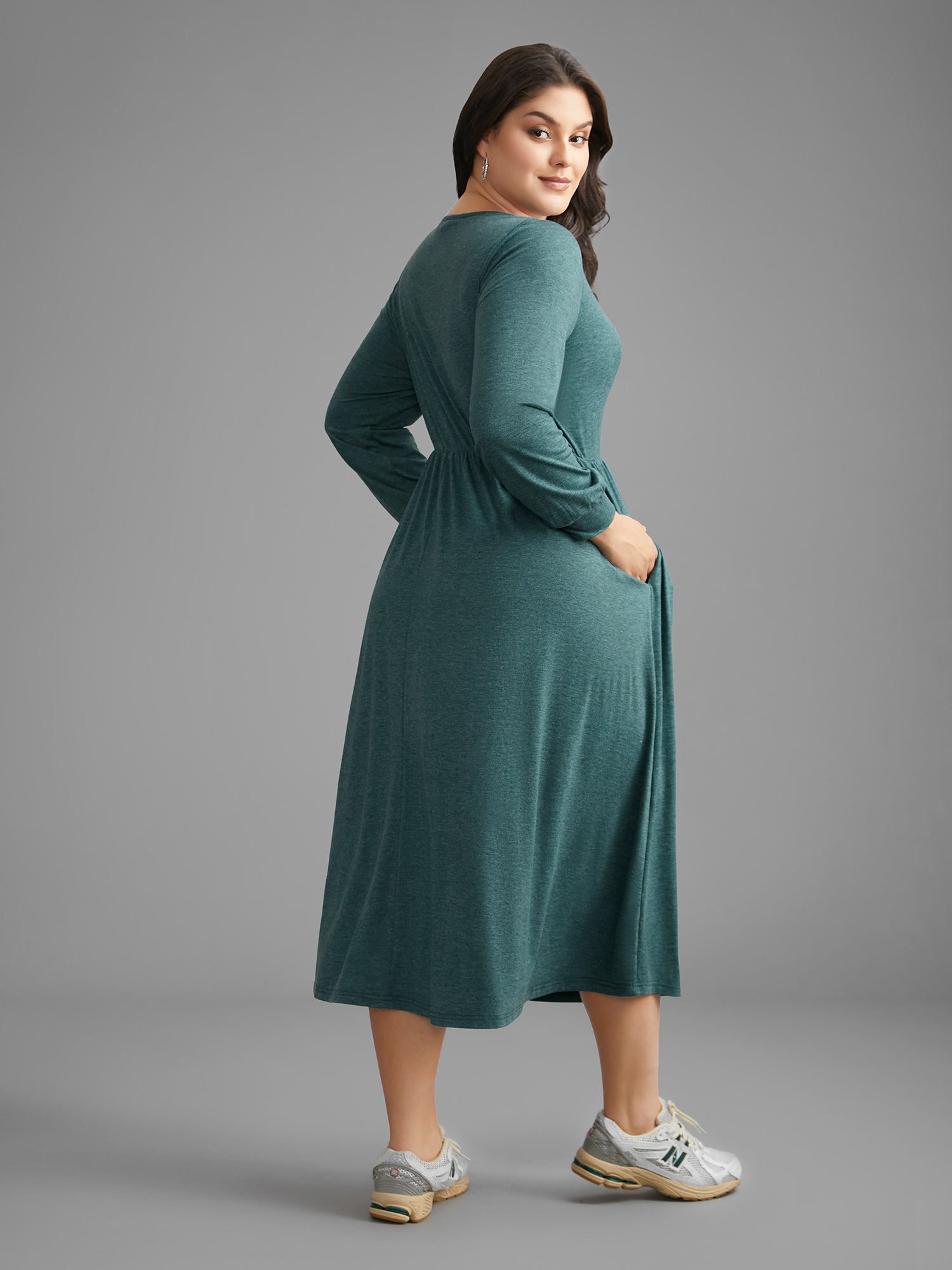 Solid V Neck Pleated Knit Dress