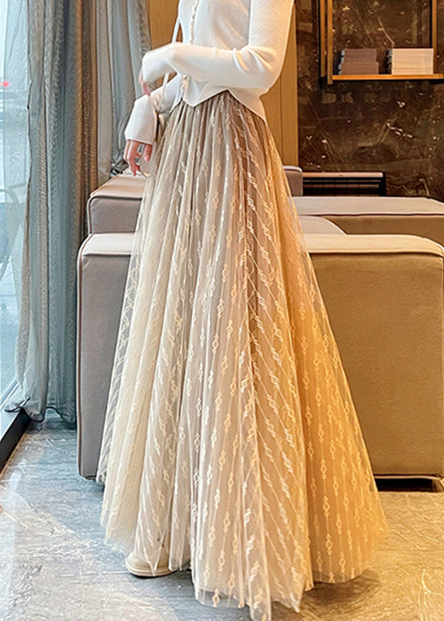 Khaki Embroidered High Waist Tulle Skirts Summer